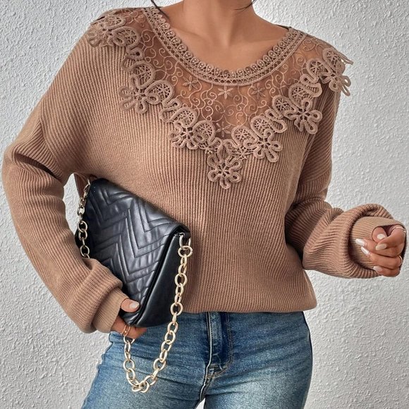 . Sweaters - Apricot Casual Womens Guipure Lace Appliques Drop Shoulder Sweater